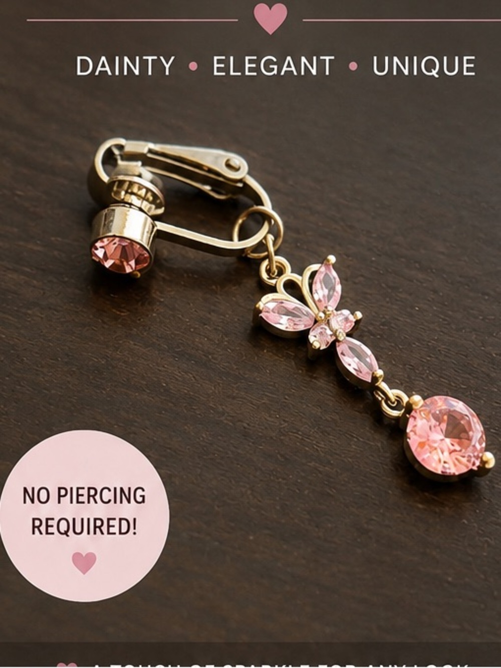 Delicate Pink Crystal Clip-On Belly Button Faux Piercing- Dainty Gold Tone